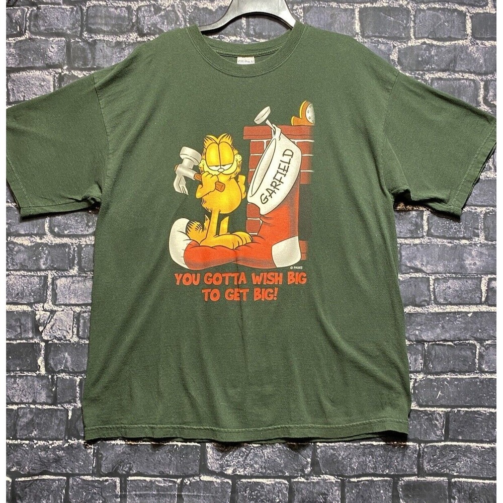 VTG Garfield Christmas Shirt Mens XL Green You Gotta Wish Big To Get Big Holiday